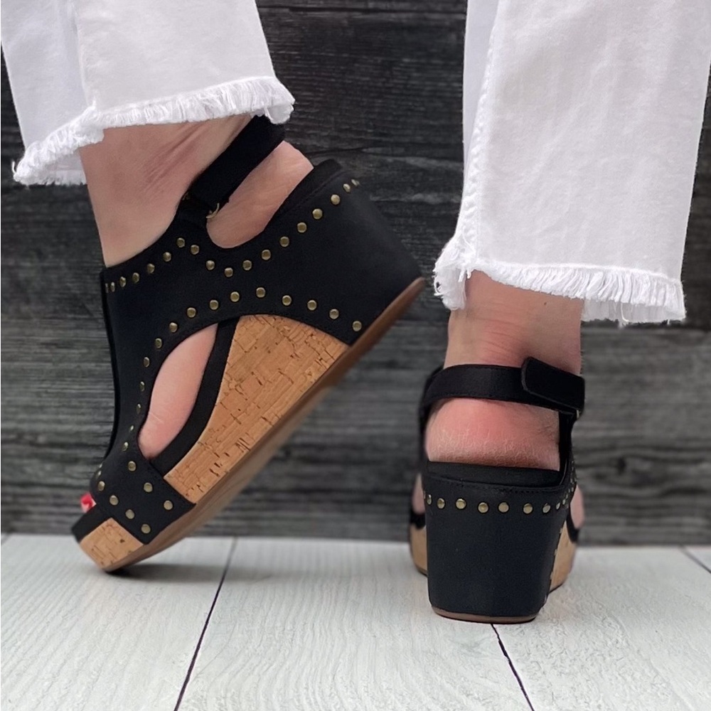 Corkys Footwear Carley Wedge Sandal Black Oil PU with Studs is a closet staple - Picture 8 of 11